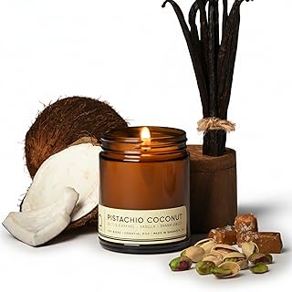 Pistachio Coconut Soy Candle, Salted Caramel Tonka Vanilla, Perfume-Inspired, Hand Poured USA, High Fragrance Load, Lead-Free Wick, Reusable Glass Jar, Dessert Candle, 7 oz
