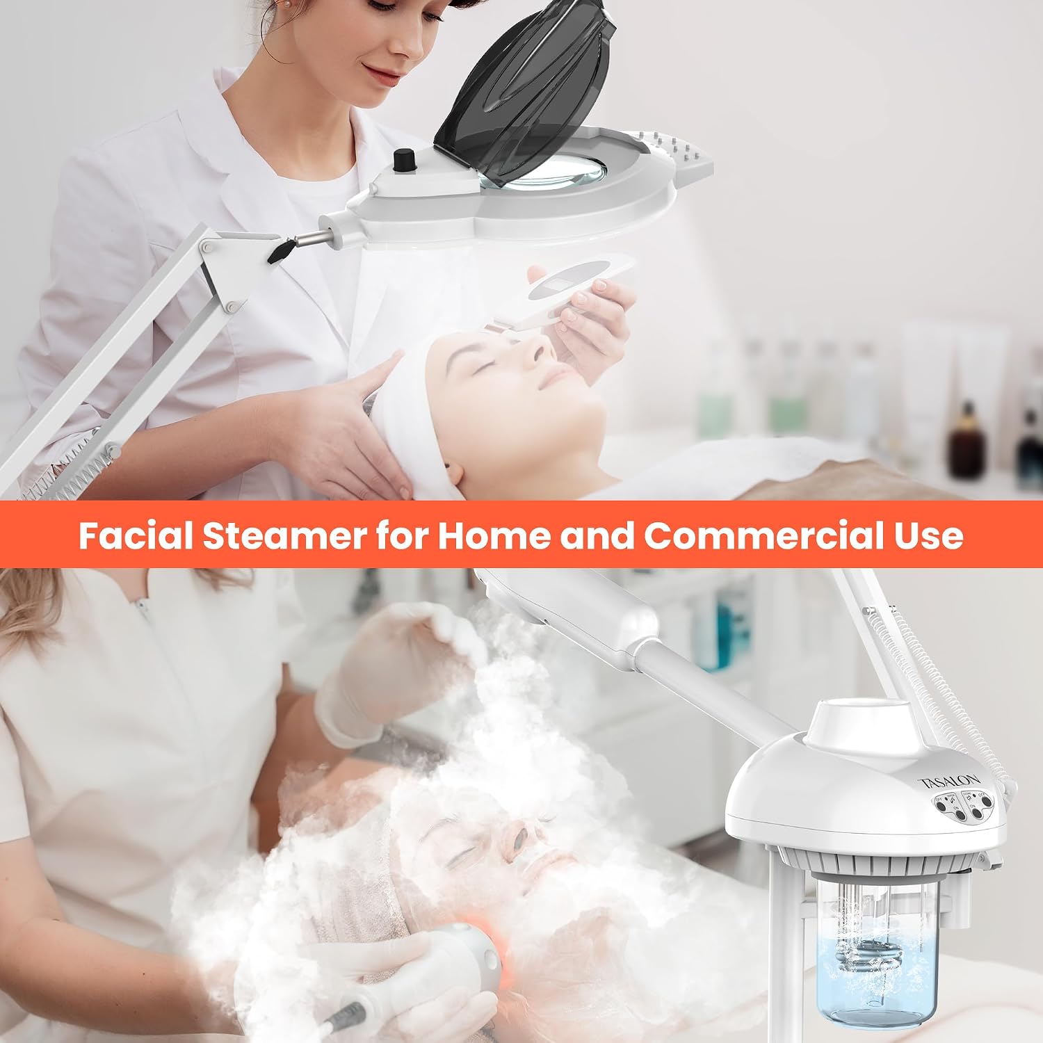 TASALON 2-in-1 Professional Facial Steamer with 5X Magnifying Lamp, Esthetician Steamer on Wheels with Ozone and Hot Mist, Standing Face Steam for Facial Deep Cleaning and Moisturize, SPA & Beauty