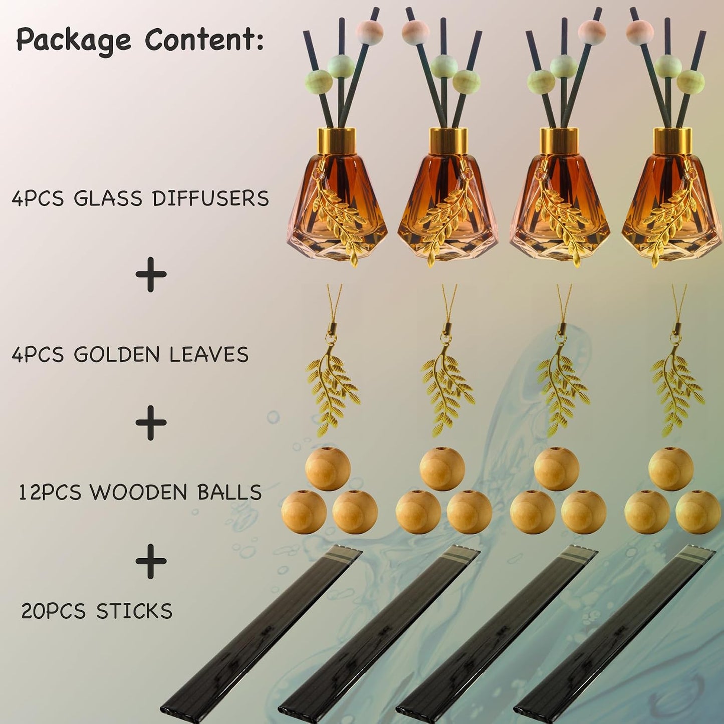 Meinvcisi 4 Empty Fragrance Glass Diffuser Bottles, Refillable Diffuser Bottles with 20pcs Reeds Sticks &12 Wood Balls&4 Metal Leaves, Reed Diffuser Set, Diamond Style,60ML, Gradient Brown.