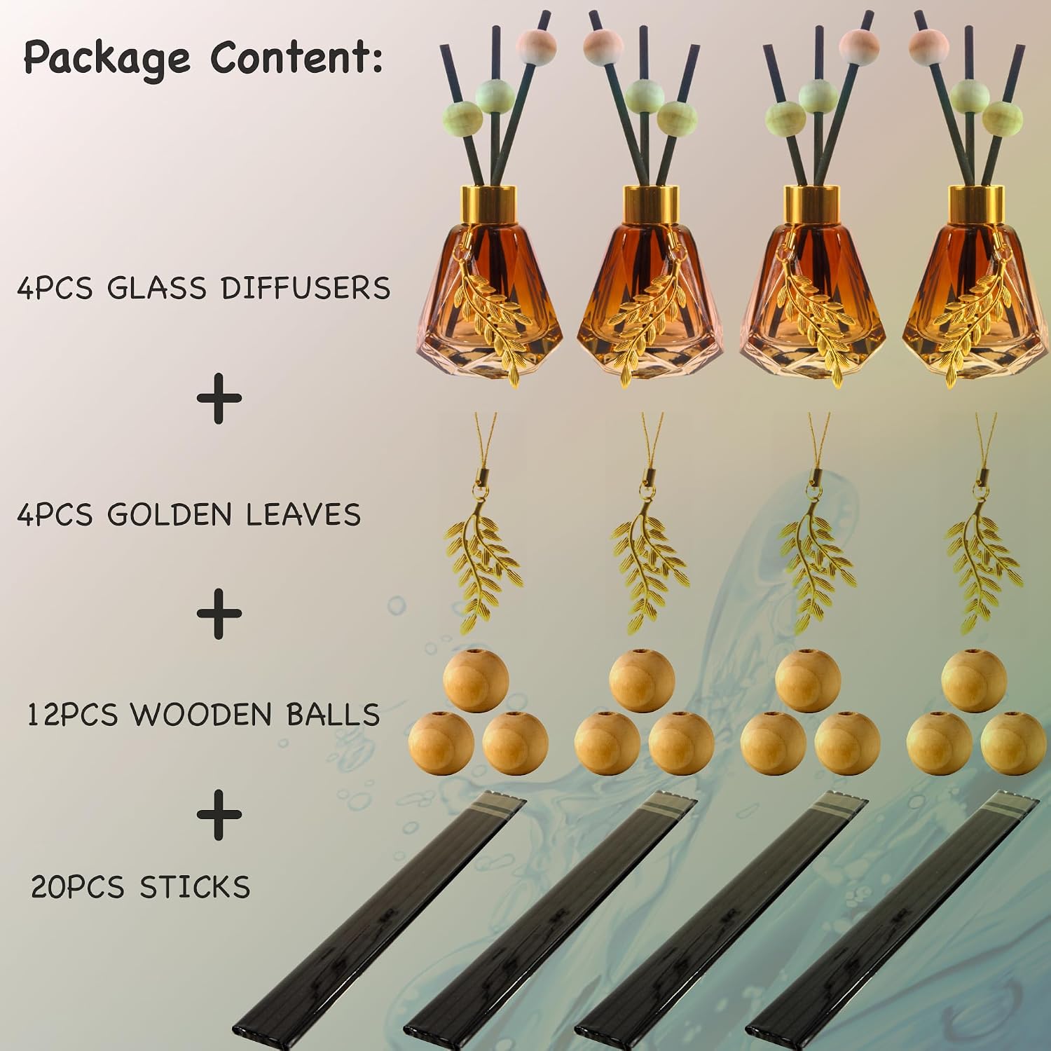 Meinvcisi 4 Empty Fragrance Glass Diffuser Bottles, Refillable Diffuser Bottles with 20pcs Reeds Sticks &12 Wood Balls&4 Metal Leaves, Reed Diffuser Set, Diamond Style,60ML, Gradient Brown.