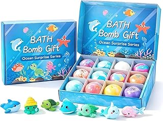 Ocean Themed 12 Pack Kids Bath Bombs with Hidden Sea Animal Toys, Gentle Bubbling Bath Fizzies, Ideal Birthday Party Gifts for Boys and Girls (Delivery Within 3 to 5 Days)
