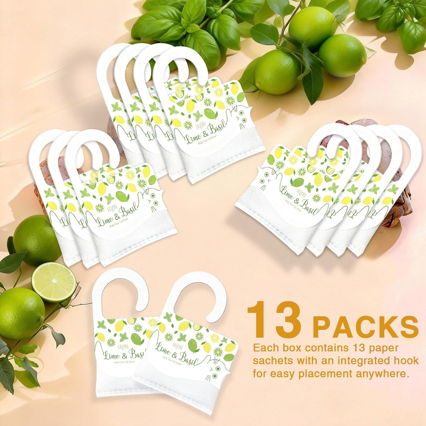 13 Packs Lime & Basil Sachets Bags for Drawers and Closets, Hanging Scented Sachets Air Fresheners, Natural Home Fragrance Odor Eliminator for Wardrobe, Shoe Cabinet, Car & Bathroom Potpourri Bag