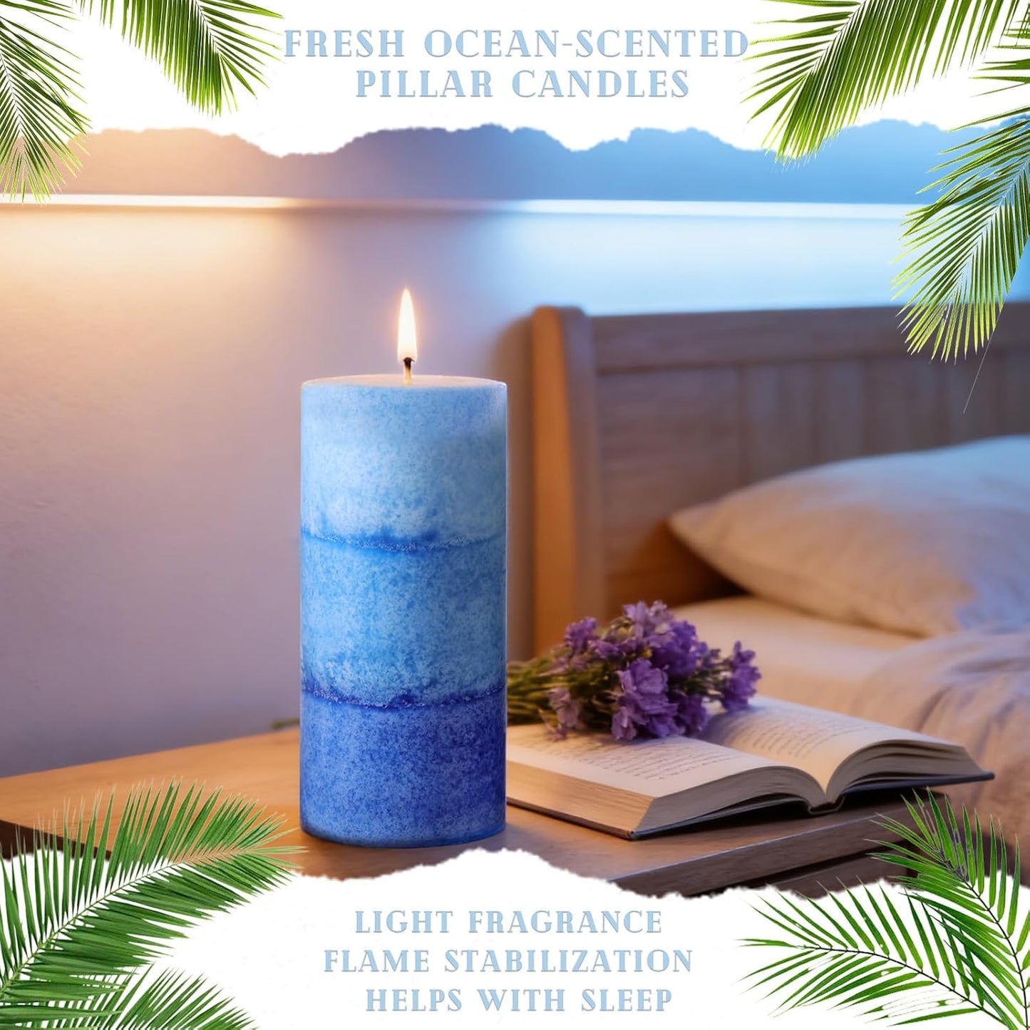Blue Ocean Scented Pillar Candles, 2.8x6 Inch Non-Toxic Blue Pillar Candle 210H Long Burning Smokeless Fragrance Candle for Home Decor Wedding, 3 Pack