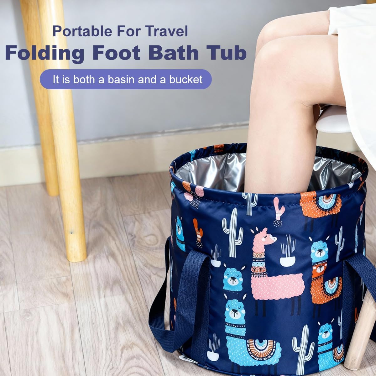 15L 10.6×7.1in Oxford Fabric Collapsible Foot Soaking Tub, Navy Blue Foldable Foot Bath Basin with Handles, Multi-Function Foot Spa Bucket for Home, Travel, Camping & Outdoor