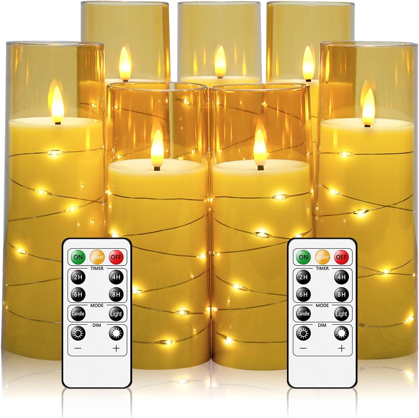 Eebuss Flameless Candles with Embedded Star String, Battery Operated LED Pillar Candles with Timer and Remote Control,Home Decorating for Ambiance， Set of 7 (Gold)