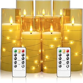 Eebuss Flameless Candles with Embedded Star String, Battery Operated LED Pillar Candles with Timer and Remote Control,Home Decorating for Ambiance， Set of 7 (Gold)