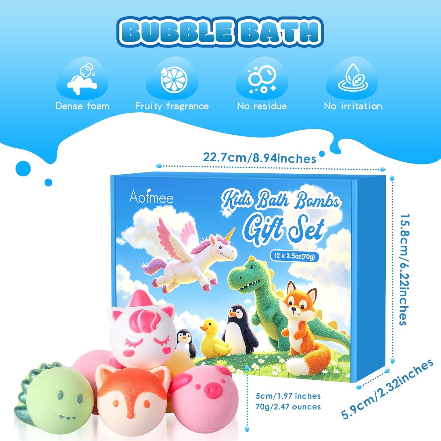 Aofmee Bath Bombs for Kids, 12 Pcs Kids Bath Bombs with Essential Oil, 6 Animal Shapes and Fruity Aroma, Natural Organic Spa Gift Set for Boys Girls, Birthday Christmas Halloween