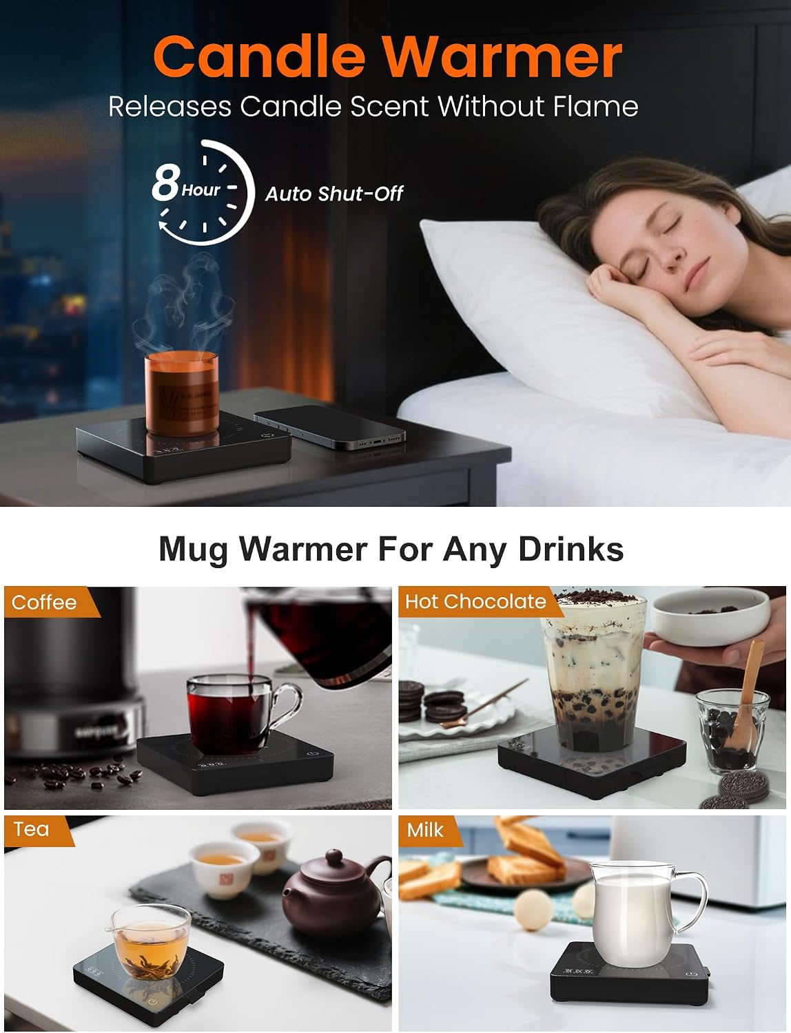 Coffee Mug Warmer with 15W Wireless Phone Charger & 3A USB Charging Port, 3 Temp Settings & 8H Auto Shut Off, Candle Warmer Plate for Heating Coffee, Milk, Tea & Candles,Valentine's Day Gift(Black)