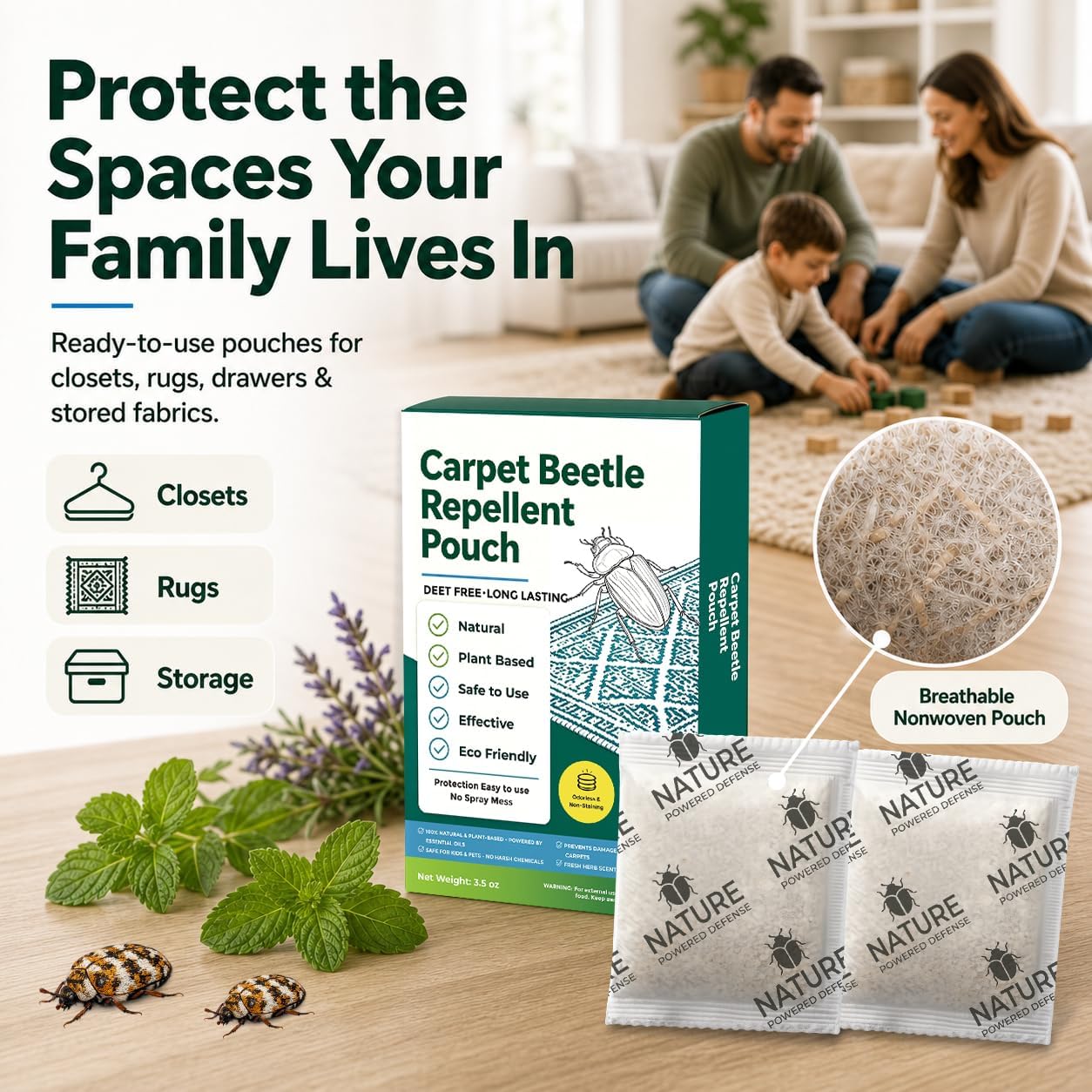 Carpet Beetle Repellent 8 Pack, Plant-Powered Cedarwood Sachets for Wool, Clothes, Fabrics, Pro-Active Deterrent for Carpet Beetle Larvae & Eggs, Long-Lasting Indoor Protection for Pest Control