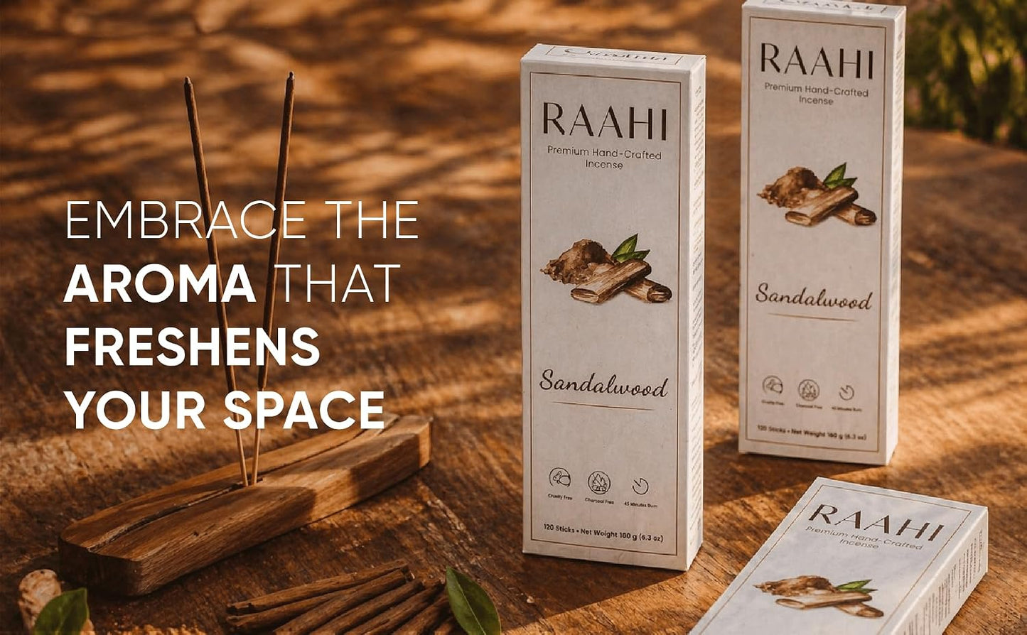 RAAHI Sandalwood Incense Sticks with Holder, 120 Count, Handcrafted Scented Incense for Home Fragrance, Meditation, Yoga and Room Ambiance