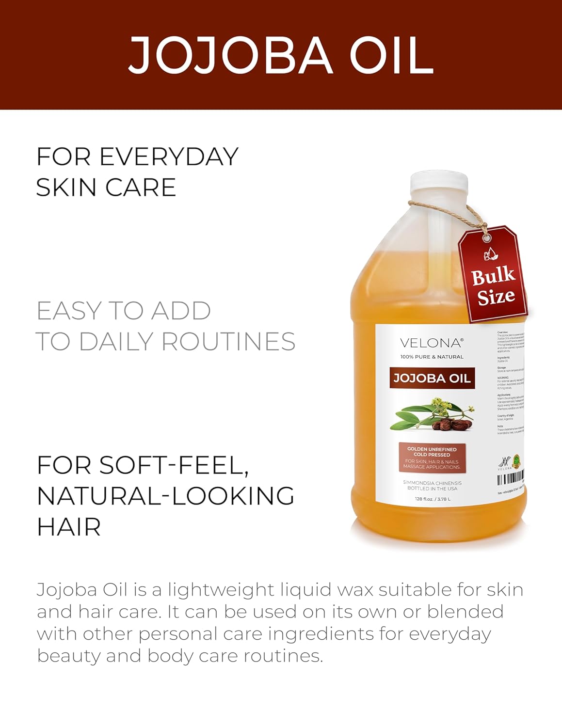 velona Jojoba Oil Bulk - 1 Gallon / 128 Fl Oz - Pure Cold Pressed Golden for Hair, Skin, Face & Body – Unrefined & Hexane Free