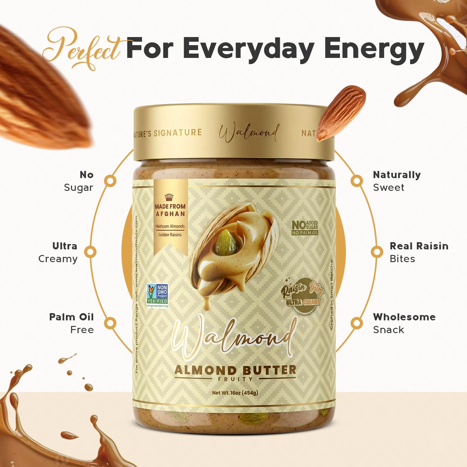 Walmond Almond Butter Fruity, Afghan Heirloom Almonds with Real Golden Raisin Bites, Lightly Fruit Sweetened, 6g Protein, No Added Sugar, No Palm Oil, NON-GMO Halal HACCP Certified, Keto Vegan, 16oz