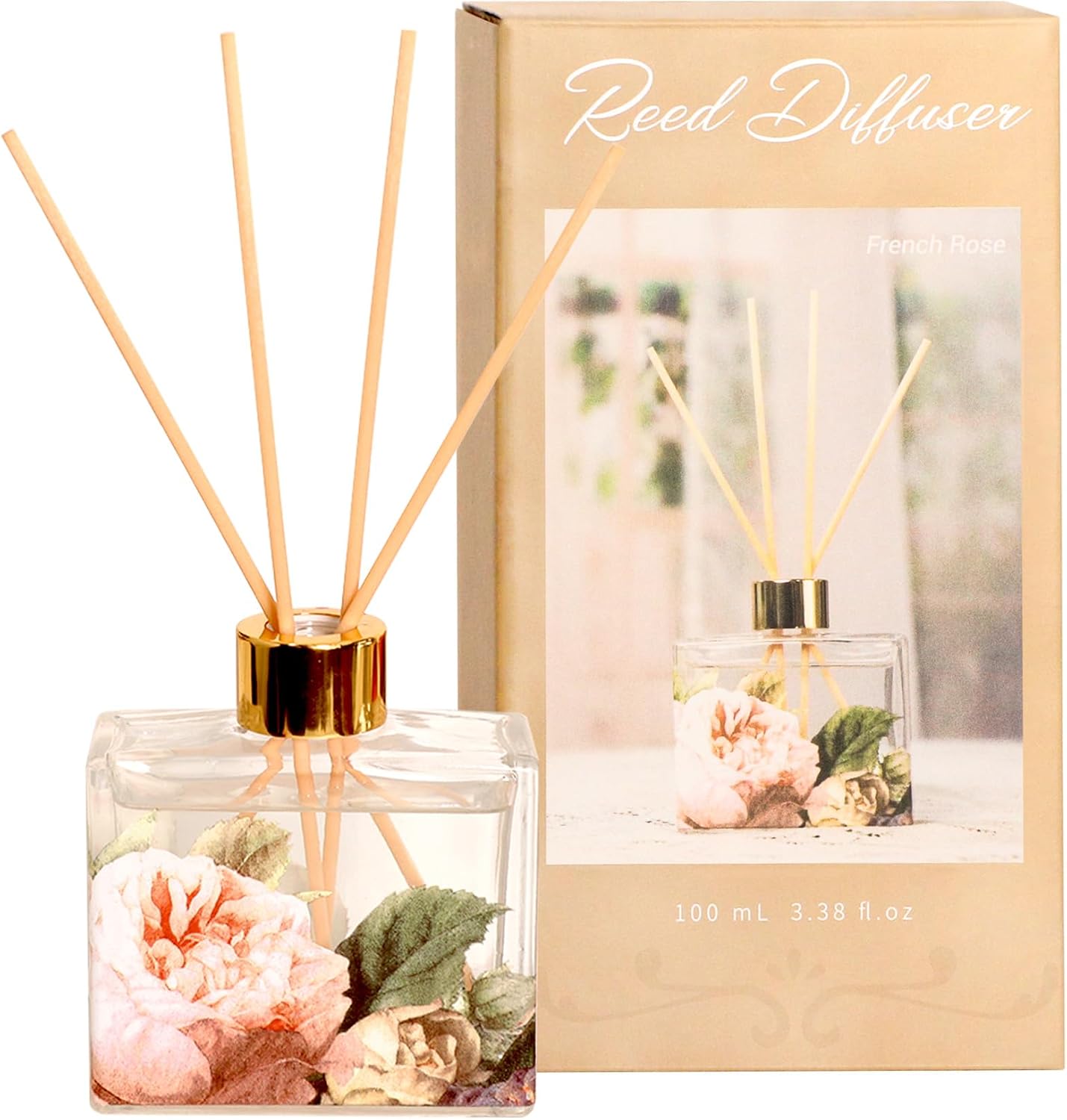 Reed Diffuser Set Rose Scent 3.38 Oz Reed Diffuser with Sticks - Bedroom Bathroom Shelf Valentine's Day Decor