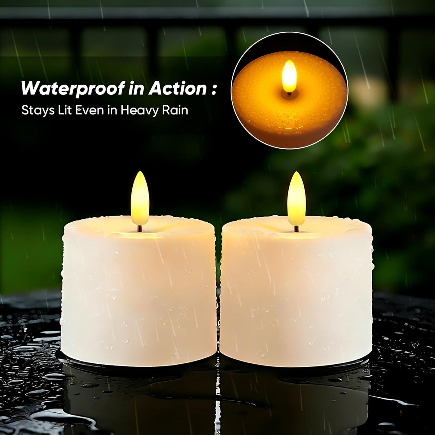Raycare 3"x2.5" White Outdoor Waterproof Flameless Candles with Remote and Timer, Realistic LED Candles, Battery Operated Electric Fake Pillar Candles for Porch, Patio, Garden, Set of 2