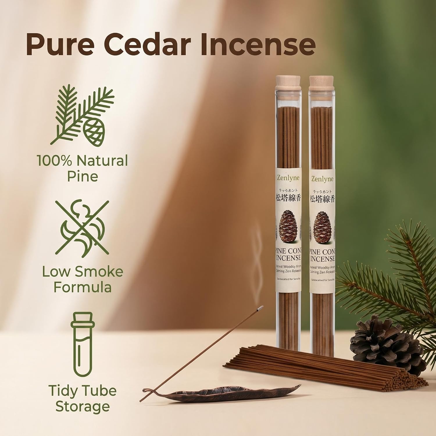 Pine Cone Incense Sticks,Natural Woodsy Aroma for Daily Aromatherapy & Meditation, Crisp Cedarwood & Forest Healing Scent, Calming Zen Relaxation, Handcrafted with Leaf Incense Holder