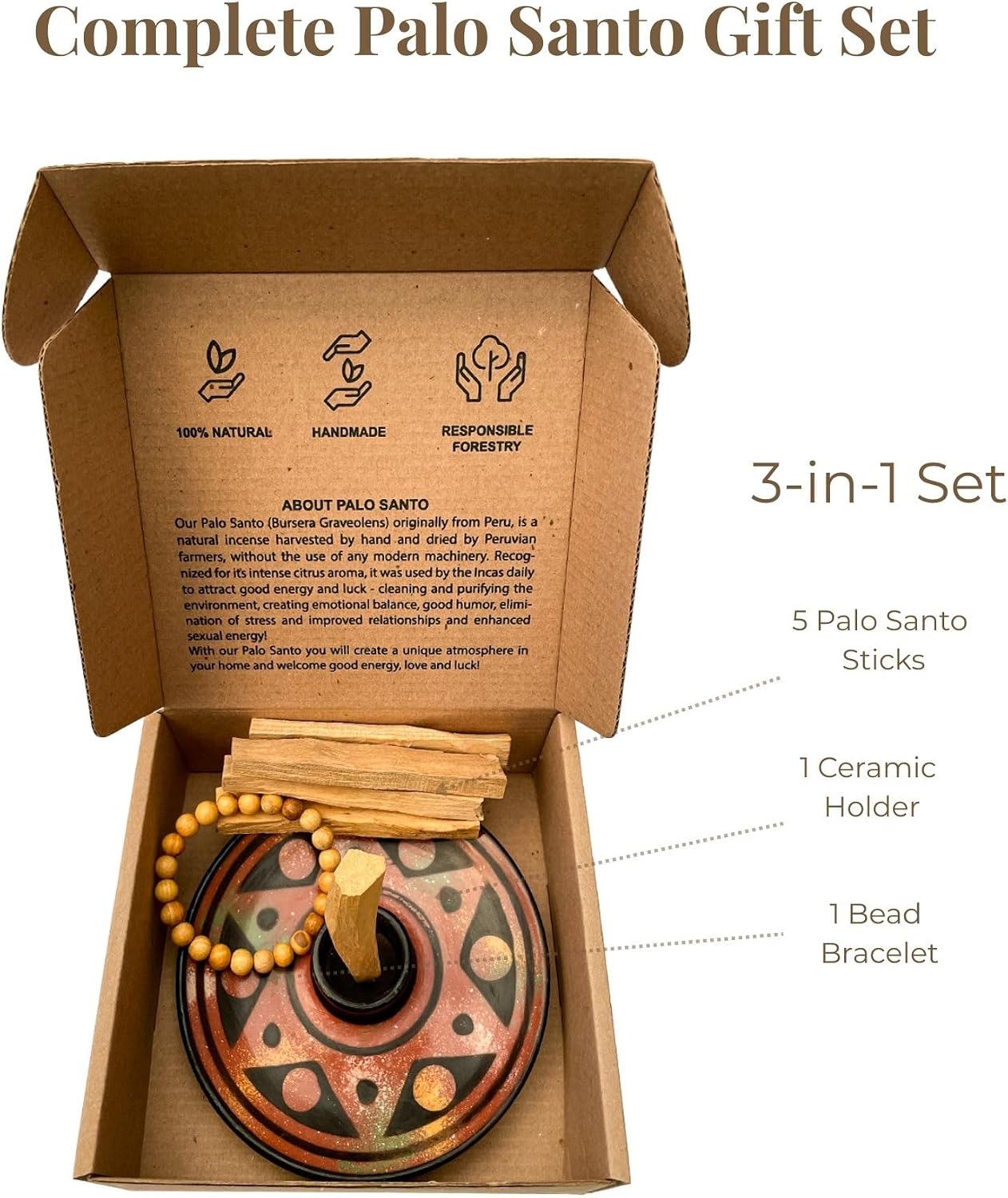 Energy Box: Palo Santo Incense Gift Set with 5 Palo Santo Sticks & Ceramic Holder, Spiritual Cleansing Kit for Energy Healing, Meditation & Relaxation, Handmade in Peru