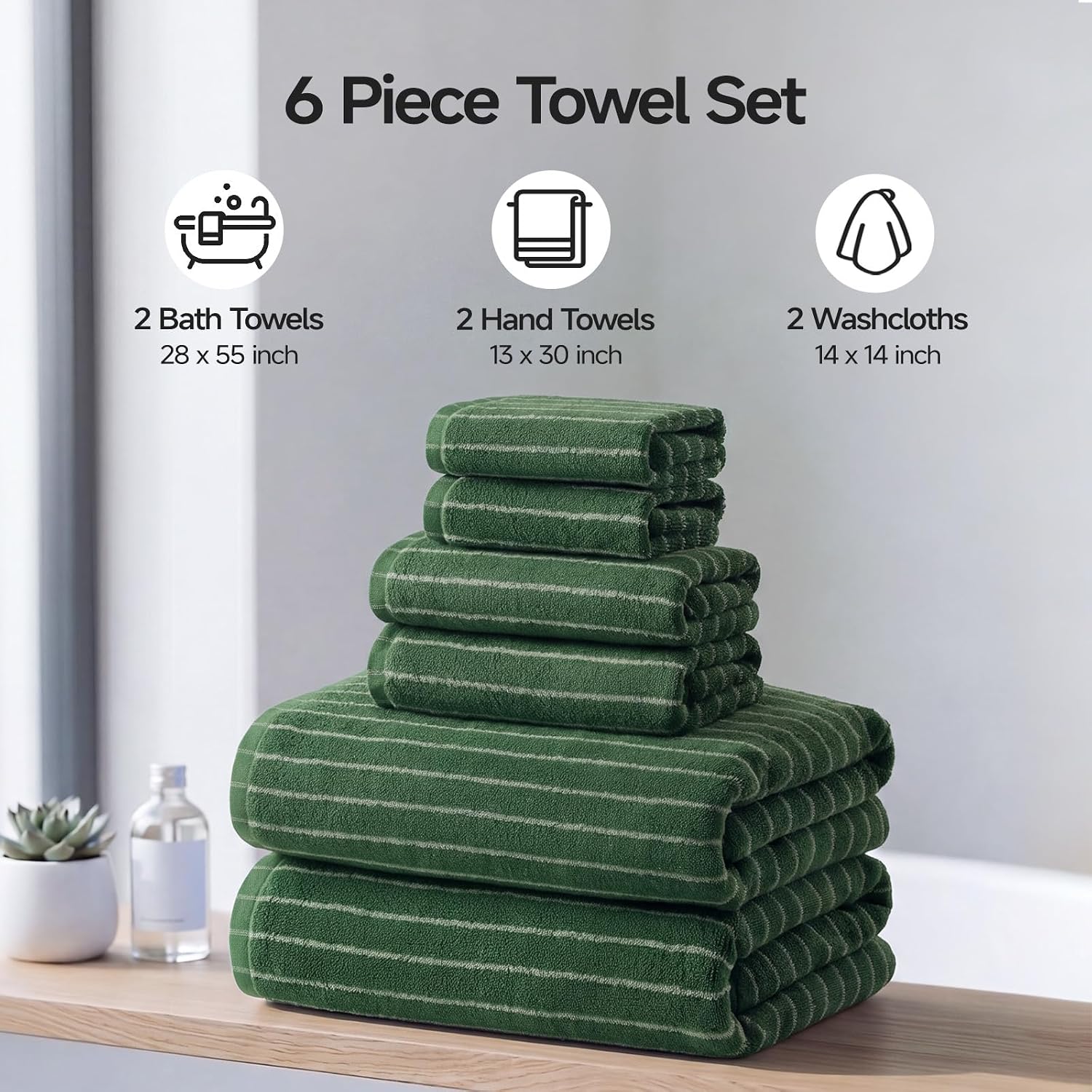ecolook Premium Bath Towel Set of 6 Pieces – 100% Cotton, Super Absorbent & Quick Dry, Striped Towels for Bathroom, Spa & Swim – 2 Bath, 2 Hand, 2 Washcloths, Olive Green