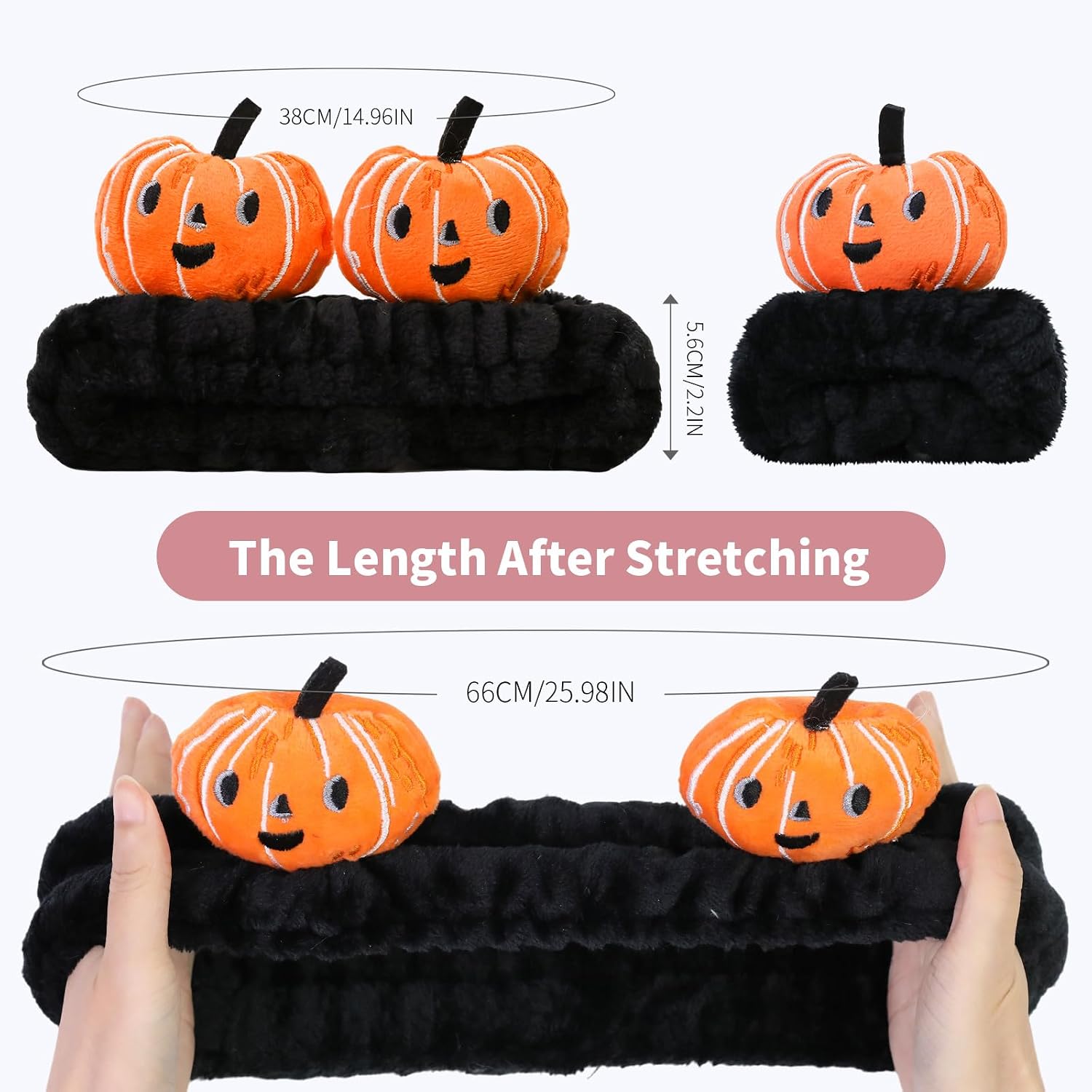 Kawaii Spa Headband and Wristband Set for Women Girls, Cute Halloween Skincare Headbands for Face Washing, Fluffy Makeup Headband for Washing Face, Bath, Shower and Beauty, Black Pumpkin