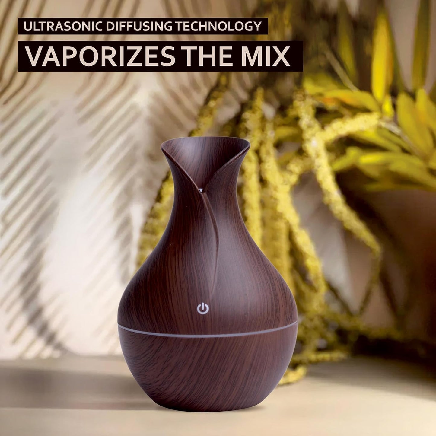 Essential Oil Diffuser, Dark Wood Grain Finish, 300ml Ultrasonic Cool Mist Humidifier with LED Light, Vase Design