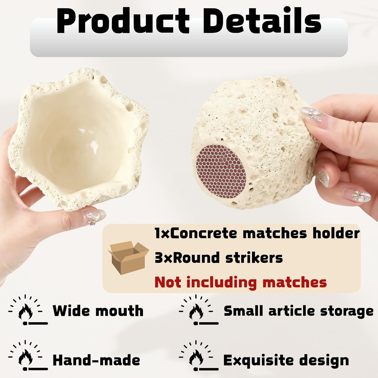 Match Holder with 3 Striker Pads Concrete Decorative Fireplace Match Dispenser Matchstick Organizer Wedding Cute Candles Matches in a Jar for Camping Home Parlor Bathroom Kitchen, Matches Not Included