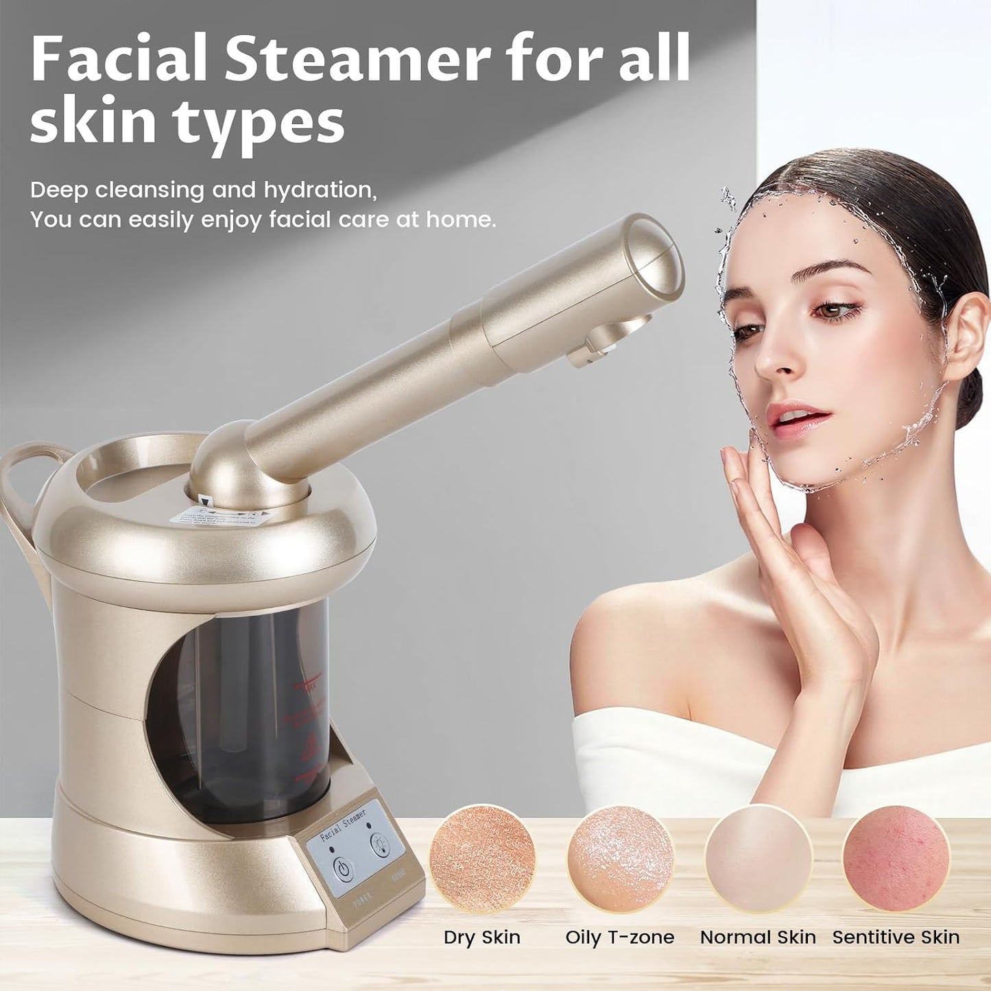 Facial Steamer Professional with More Steam for Deep Cleansing and Hydration, Face Steamer Featuring extendable arm, Steamer for Facial for Beauty, Spa and Home Use, Champagne Gold