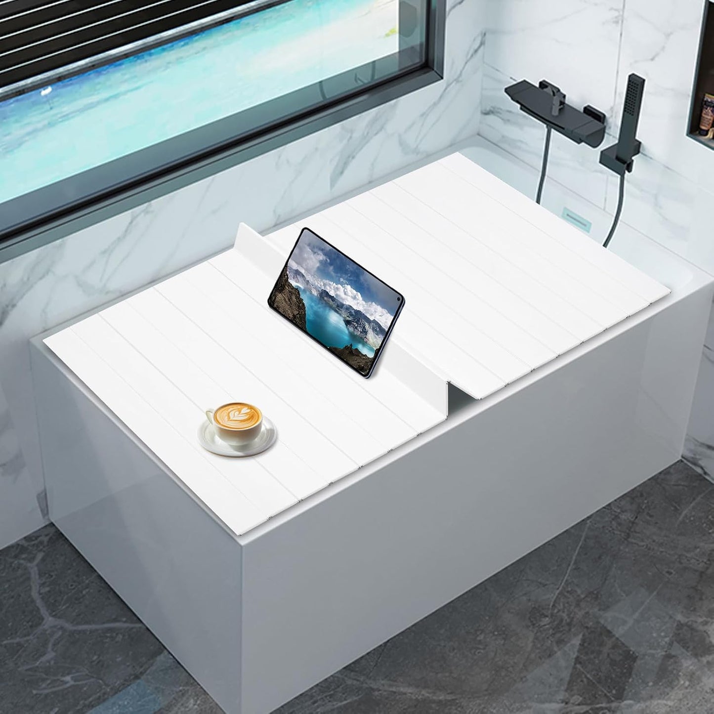Foldable Bathtub Tray for Bathroom Storage and Relaxation, White Wood Grain Cover Board, Adjustable Bath Caddy Shelf for Home Spa, Adults, and Families