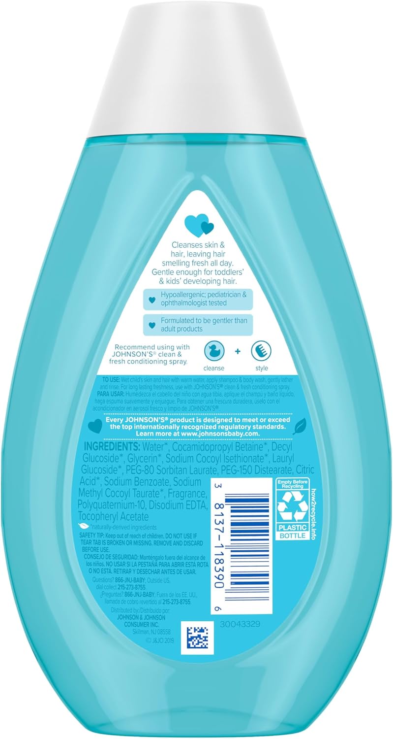 Johnson's Clean & Fresh Children's Shampoo & Body Wash, 2-in-1 Daily Hair & Body Wash for Kids & Toddlers Gently Cleanses Developing Hair, 13.6 fl. oz