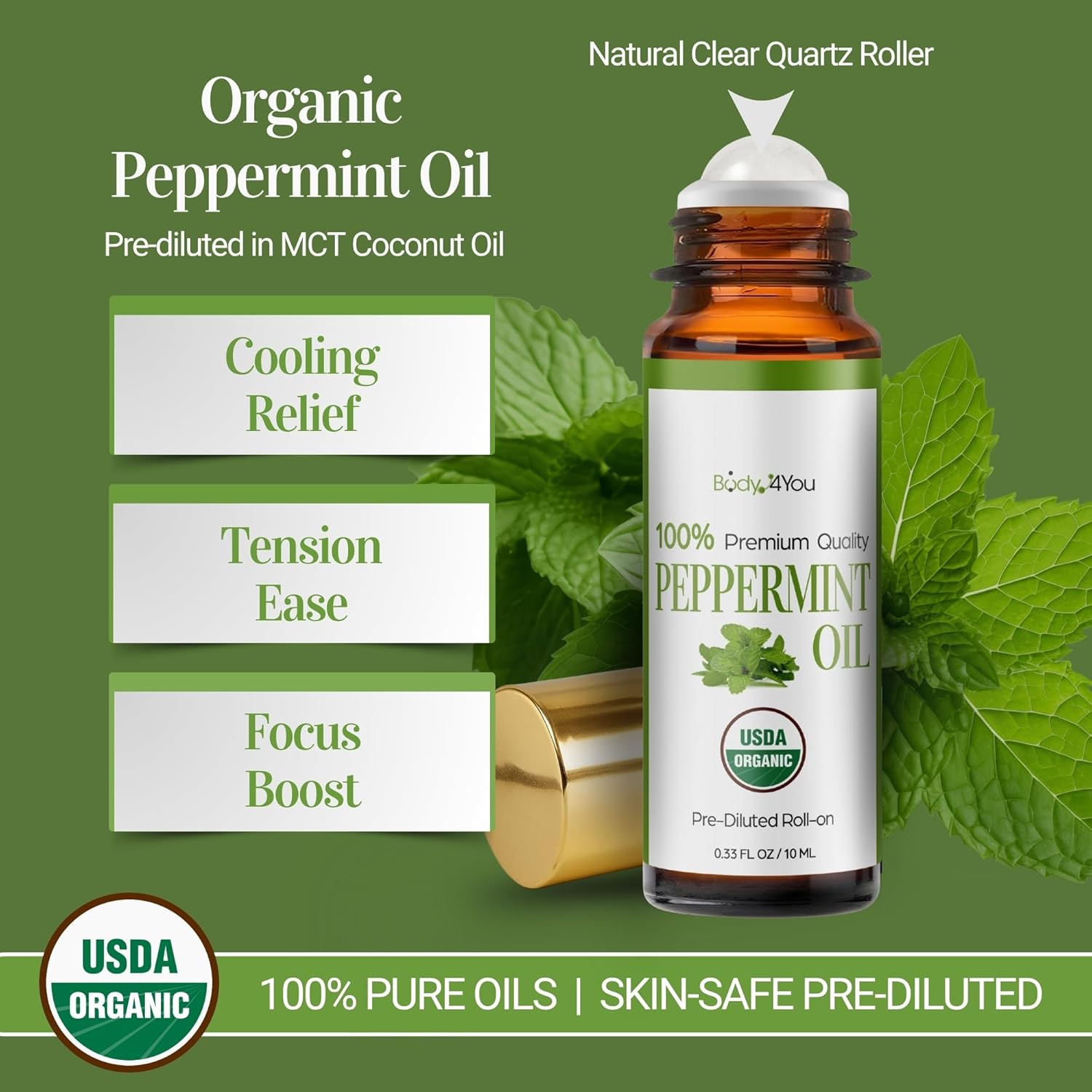 BodyJ4You Tea Tree + Peppermint Essential Oil Roll On Duo - 100% USDA Organic MCT Coconut Oil - Black Obsidian and Clear Quartz Stone Rollers - Spots Cuticles Feet Cooling Focus Temples Neck - Amber G