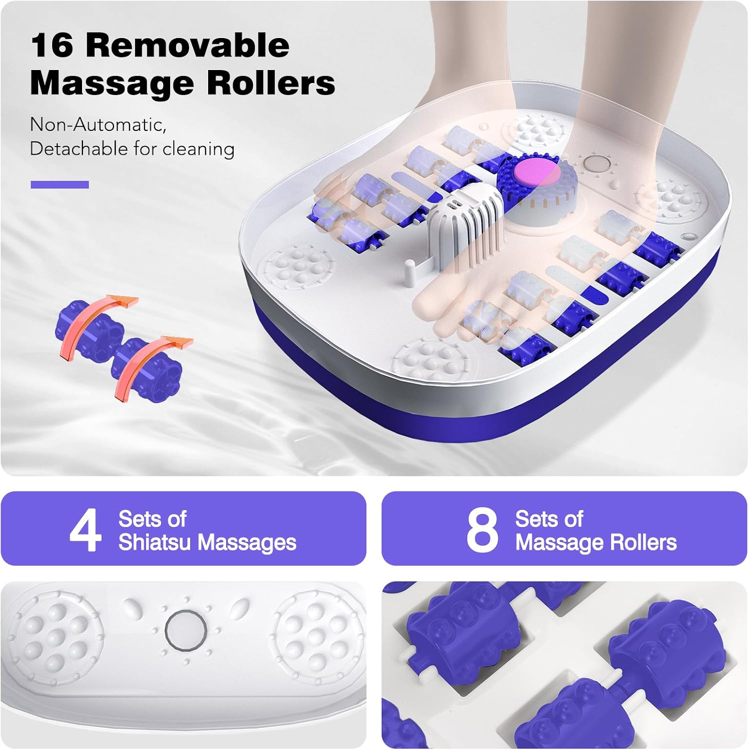 KNQZE Collapsible Foot Spa with Heat, Remote Control, Temperature Control, Bubbles, Pumice Stone, Red Light, Timer, 16 Massage Roller Pedicure Foot Bath Tub Foot Soaker for Feet Stress Relief, Purple