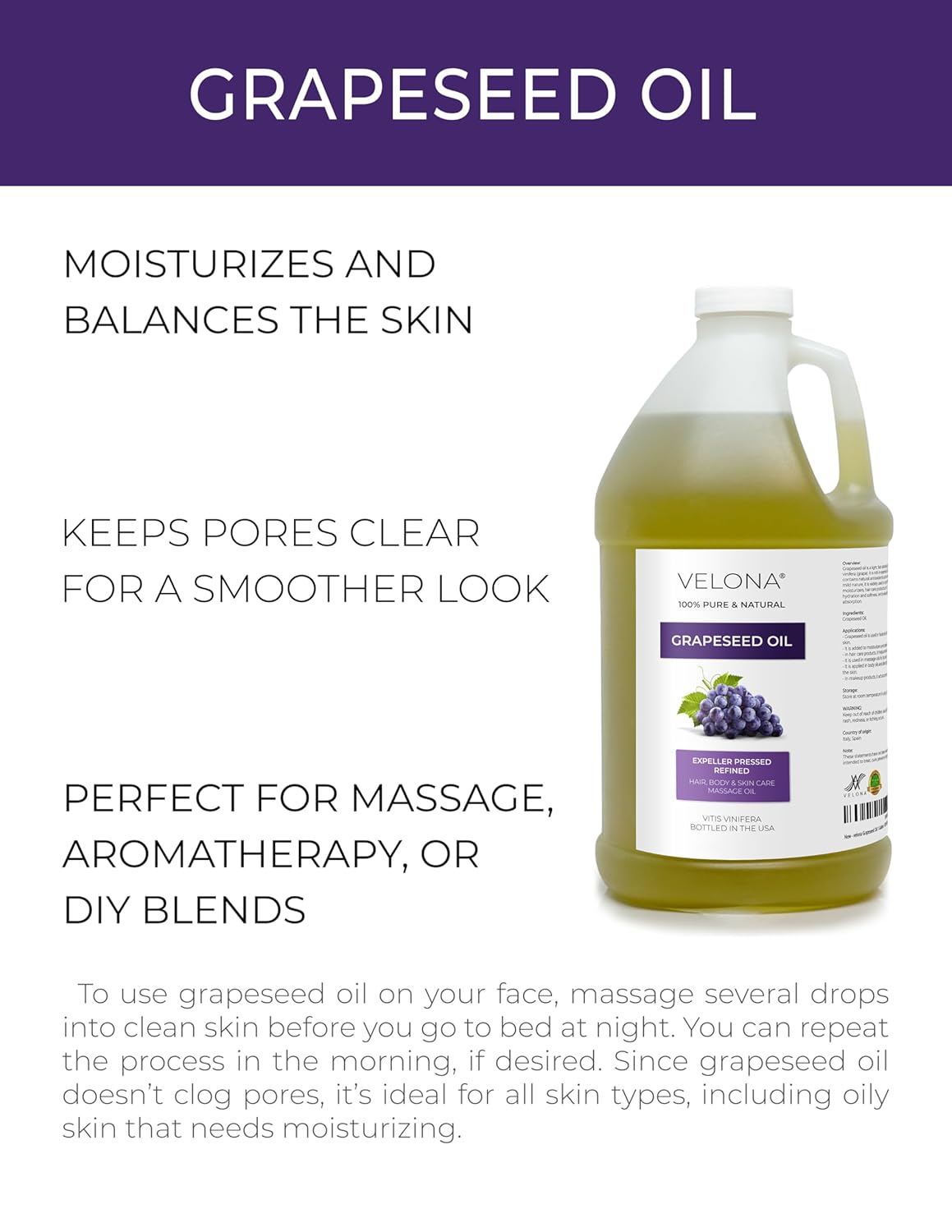 velona Grapeseed Oil 64 fl oz | 100% Pure and Natural Carrier Oil | Refined | Skin, Face, Body, Hair Care | Use Today - Enjoy Results