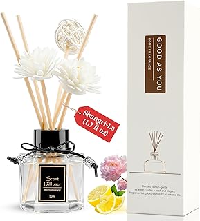 Shangri-La Reed Diffuser 1.7 fl oz | Long-Lasting Natural Home Fragrance | Non-Toxic Essential Oil with 6 Scent Sticks for Bathroom, Bedroom & Living Room | Plant-Based Air Freshener