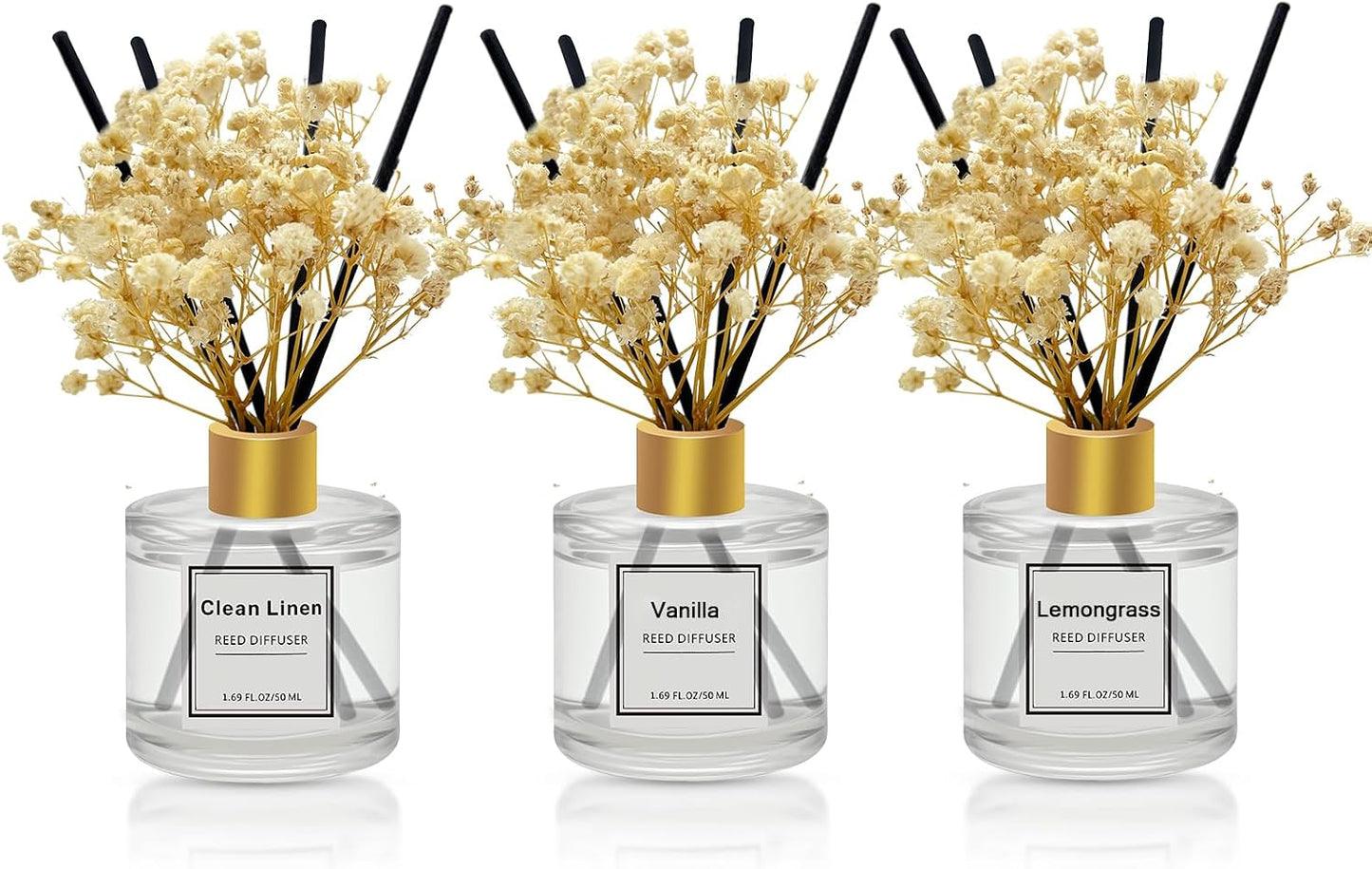 Reed Diffuser Set of 3 Pack,Scented Oil Diffuser with 4 Sticks,Reed Diffusers for Home,Living Room,Bathroom Air Freshener Diffuser,50ml x 3 (Clean Linen/Vanilla/Lemongrass)