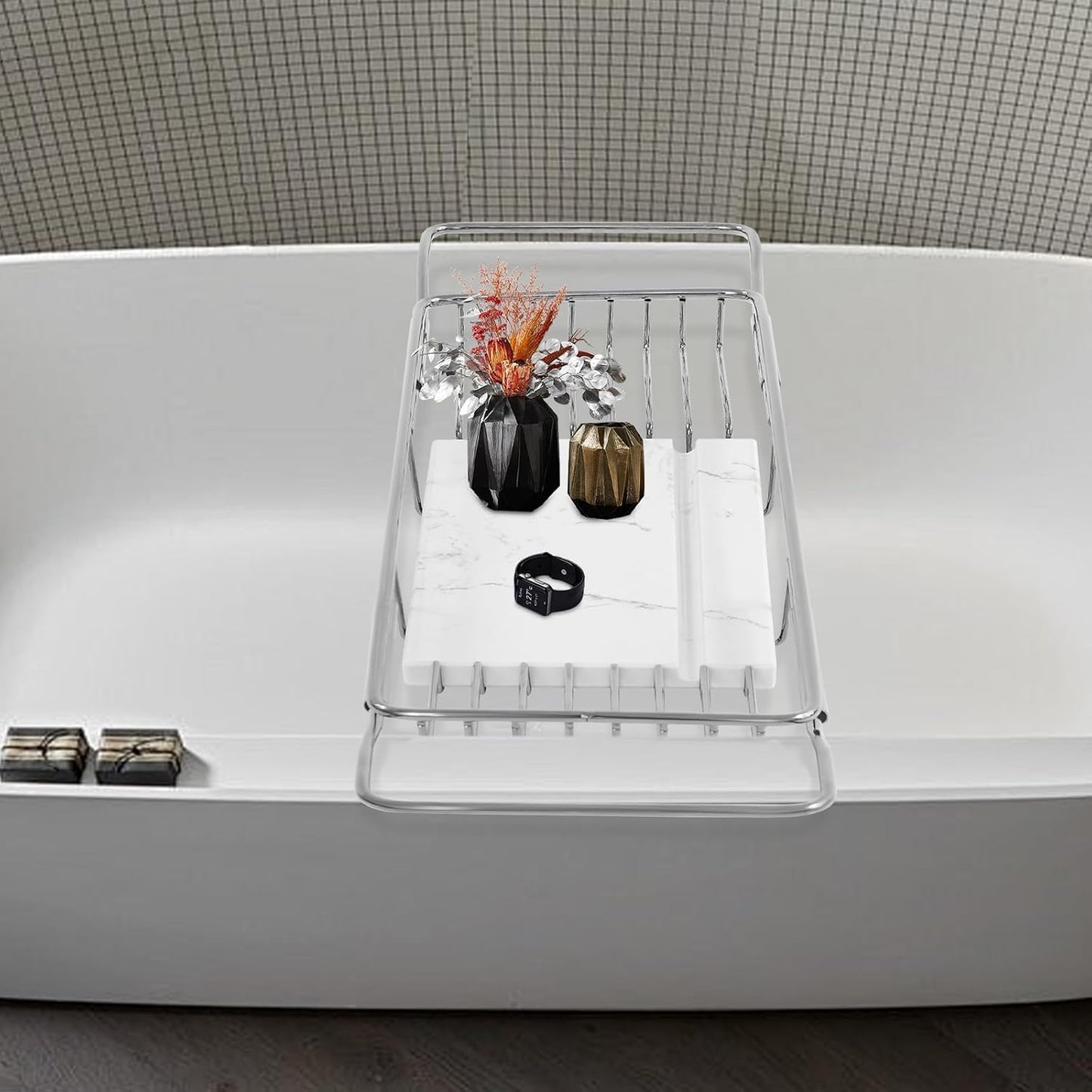 Stainless Steel Bathtub Tray with Removable Marble Board,Extendable Rectangular Bathtub Tray,Adjustable Bath Caddy Board for for Bath Bombs, Spa, Shower (Silver+White)