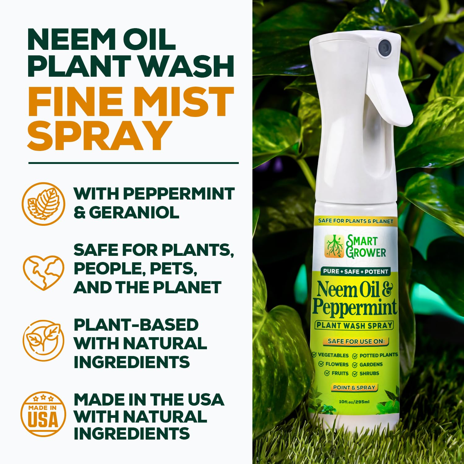 Neem Oil Spray for Plants with Peppermint Oil, Natural Plant Wash Made for Indoor and Outdoor Plants Smart Grower 10oz Easy Ready-to-Use Fine-Mist Refillable Premium Sprayer
