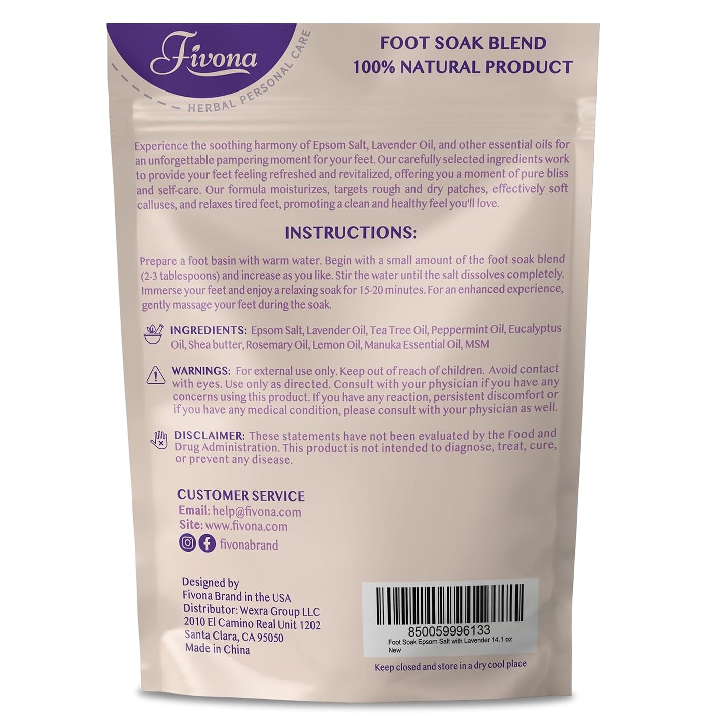 Fivona Foot Soak Blend Epsom Salt with Lavender 14.1 oz - Calming Foot Bath Salt, Relax & Renew Tired Feet, Soothe Soreness, Soften Calluses - Rejuvenating Pedicure Spa at Home