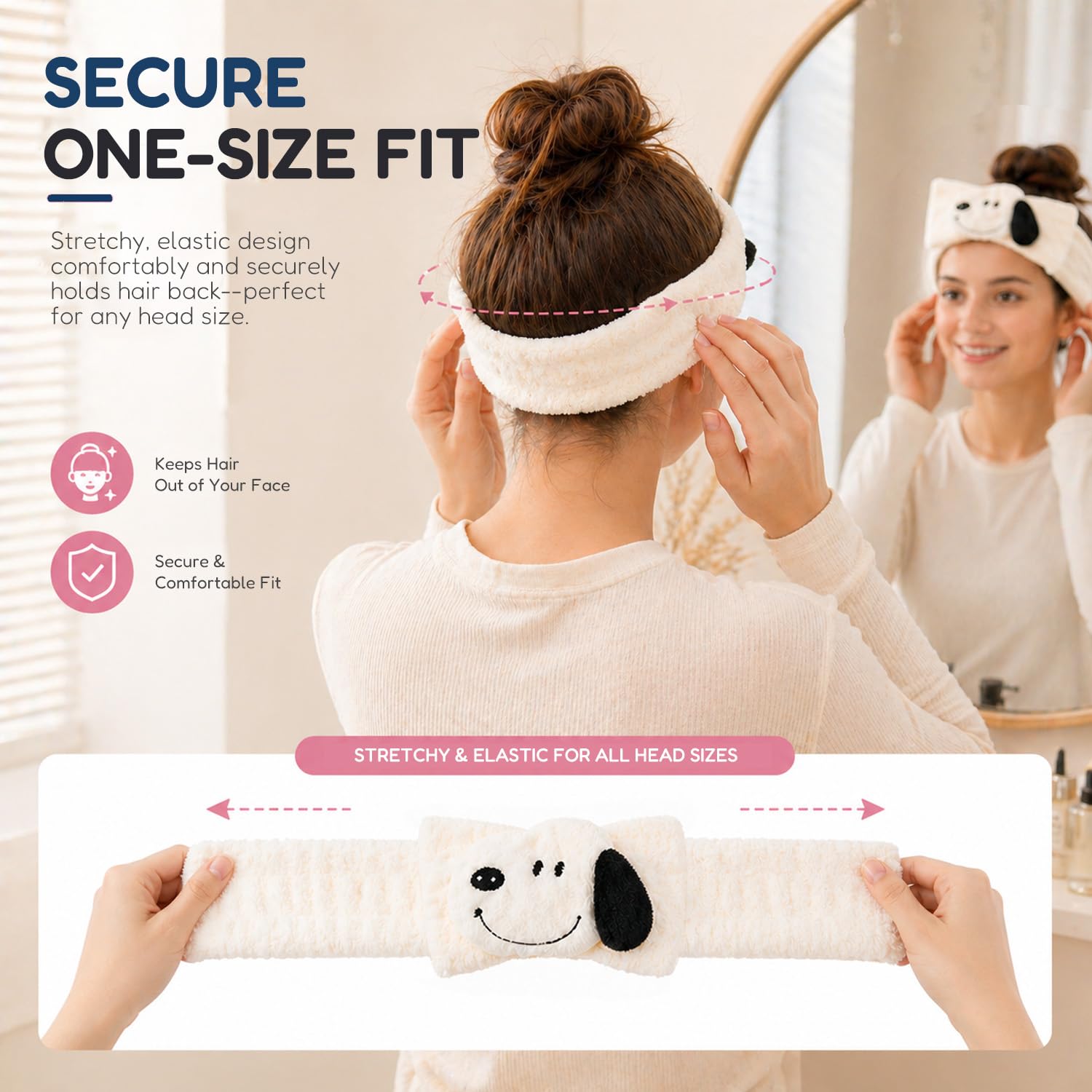 CELAVI Peanuts Snoopy Spa Headband and Face Wash Wristbands Set - Soft Skincare Makeup Hair Band, Microfiber Fleece, White