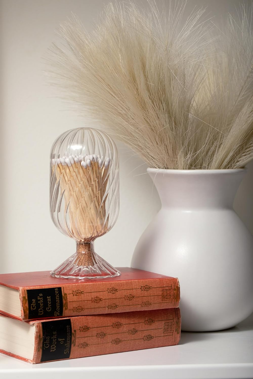 Premium Helix Glass Cloche - Decorative Jar with Striker. Holder for Long Matches for Candles, Fireplace, Bathroom Accessories, Bath Salts. Includes Attachable Match Striker. (No Matches)