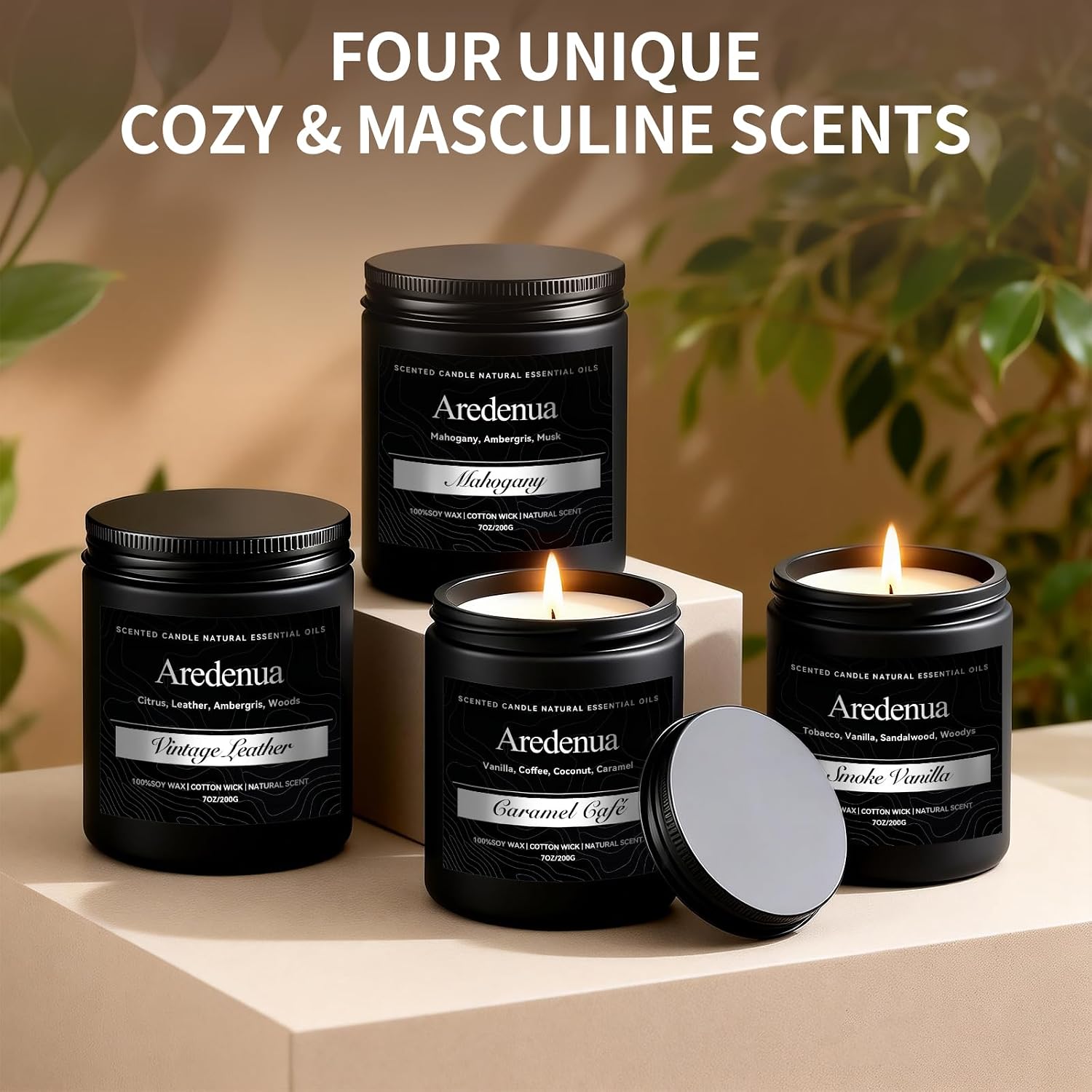 Men’s Candle Set for Dad, 4 Pack Masculine Scented Candles – Gentlemen Candle Aromatherapy Gifts for Fathers Day - Soy Candles for Home, Scent of Leather/Smoke & Vanilla/Mahogany/Coffee