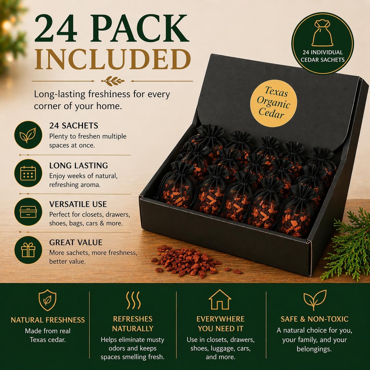 Cedar Sachets (24 Pack) Texas Organic Cedar Wood Premium Closet Freshener Real Cedar Scent Bags for Drawers Clothes Storage Shoes Odor Absorber
