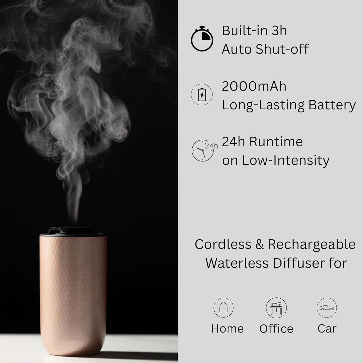 Waterless Essential Oil Diffuser - Cordless Rechargeable Aromatherapy Scent Machine for Home Bedroom Car Office Travel - 3 Mist Levels, 4 Timer Modes, 24-Hour Battery