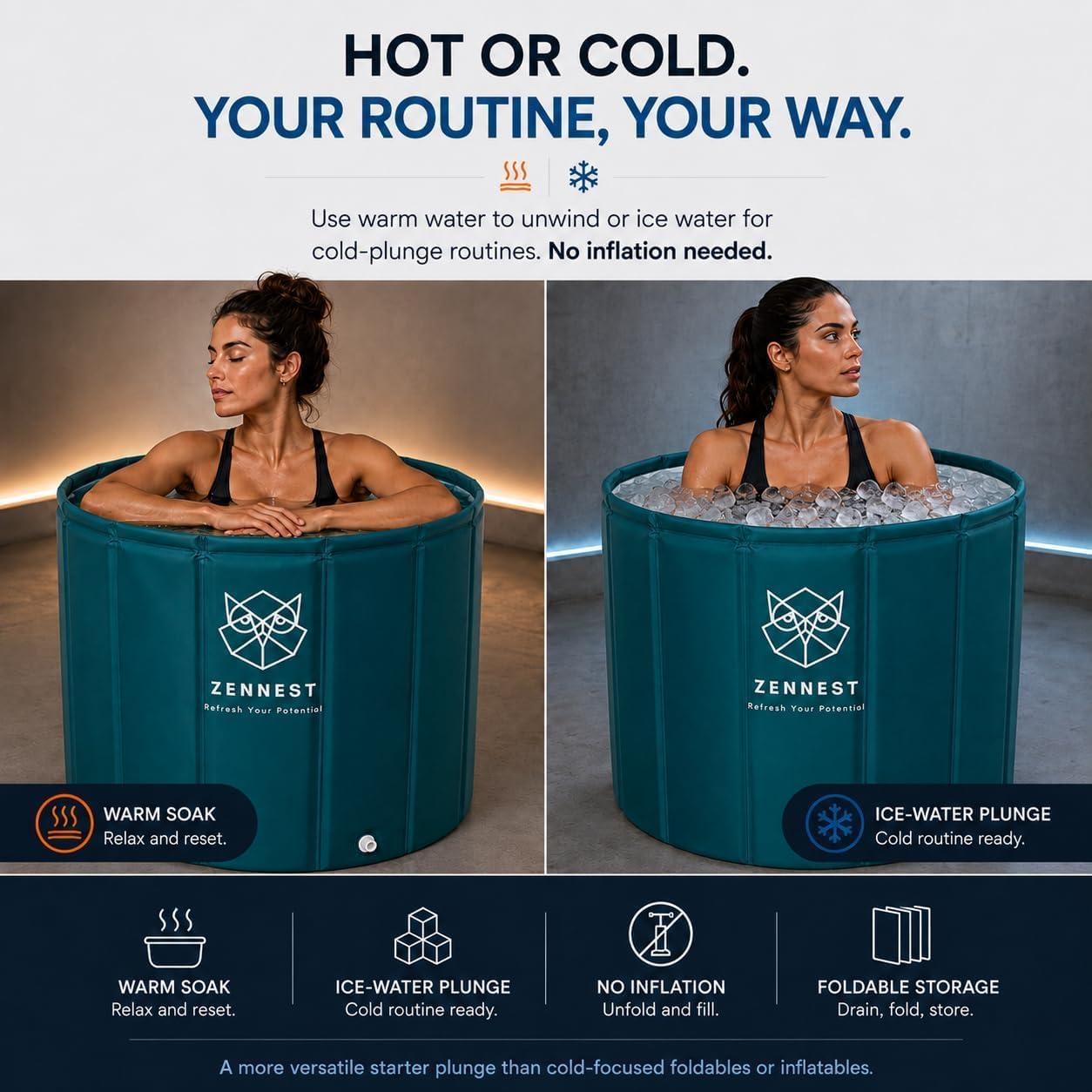 Foldable Portable Bathtub for Adults – American Design 2-in-1 Hot & Cold Plunge, 105-Gal Large Capacity Collapsible Bathtub Adult, 6-layer Insulated Portable Soaking tub - Space-saving Design