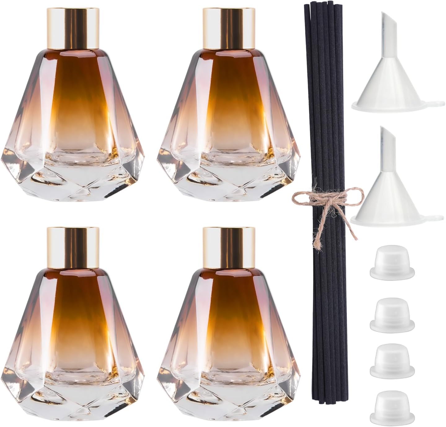 4PCS Empty Reed Diffuser Bottles,60ML/2.1Oz Glass Refillable Fragrance Set Diamond Shape with 20pcs Reeds Sticks & Gold Caps & Rubber Plug & Funnels for DIY Essential Oil
