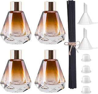 4PCS Empty Reed Diffuser Bottles,60ML/2.1Oz Glass Refillable Fragrance Set Diamond Shape with 20pcs Reeds Sticks & Gold Caps & Rubber Plug & Funnels for DIY Essential Oil
