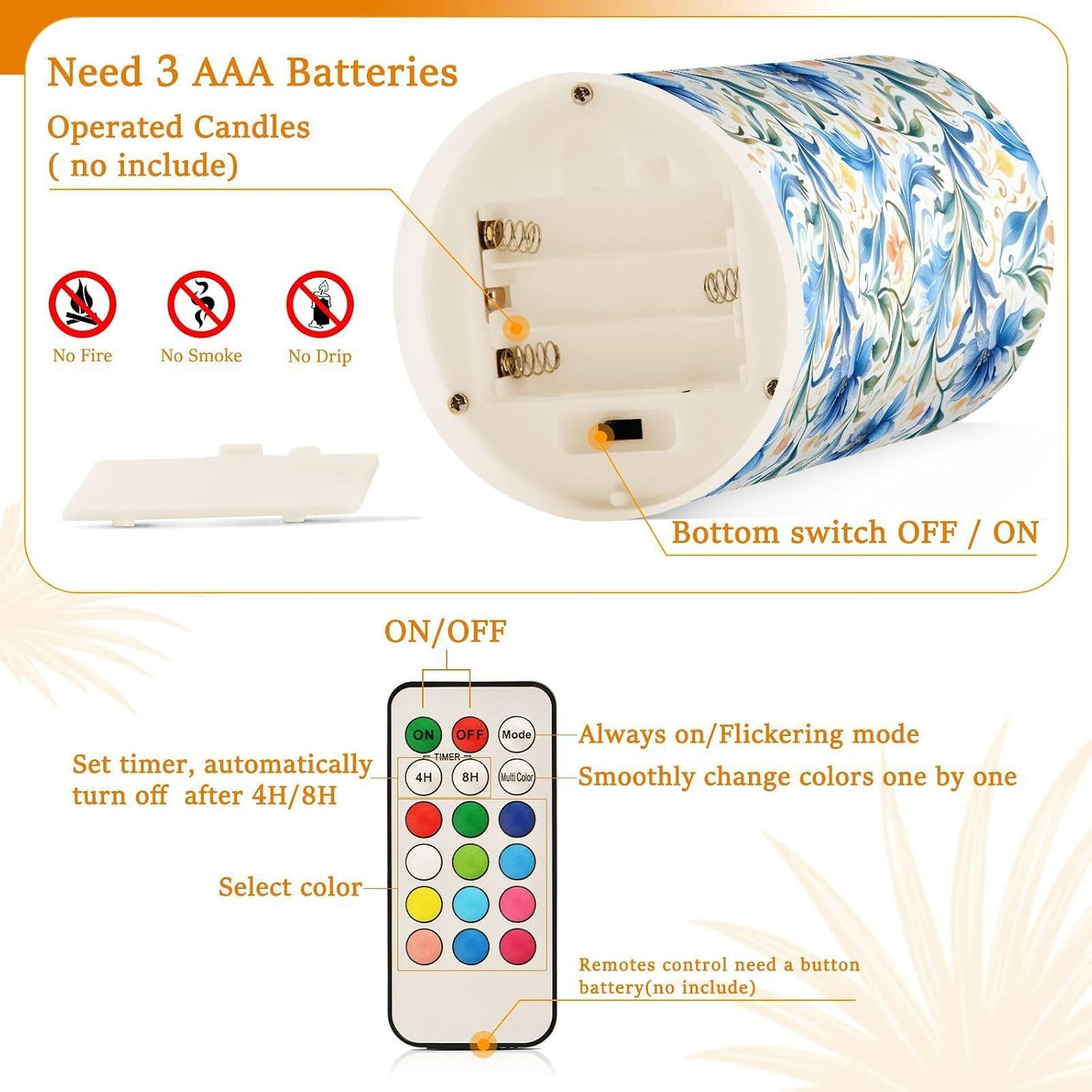 ALAZA Flowers Floral Blue Flickering Flameless Candles Battery Operated with Remote Timer,Tea Light Candles LED Pillar Votive Candles Set of 2 for Outdoor Indoor Decorations
