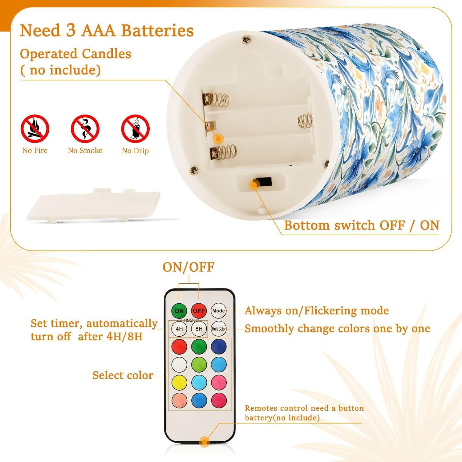 ALAZA Flowers Floral Blue Flickering Flameless Candles Battery Operated with Remote Timer,Tea Light Candles LED Pillar Votive Candles Set of 2 for Outdoor Indoor Decorations