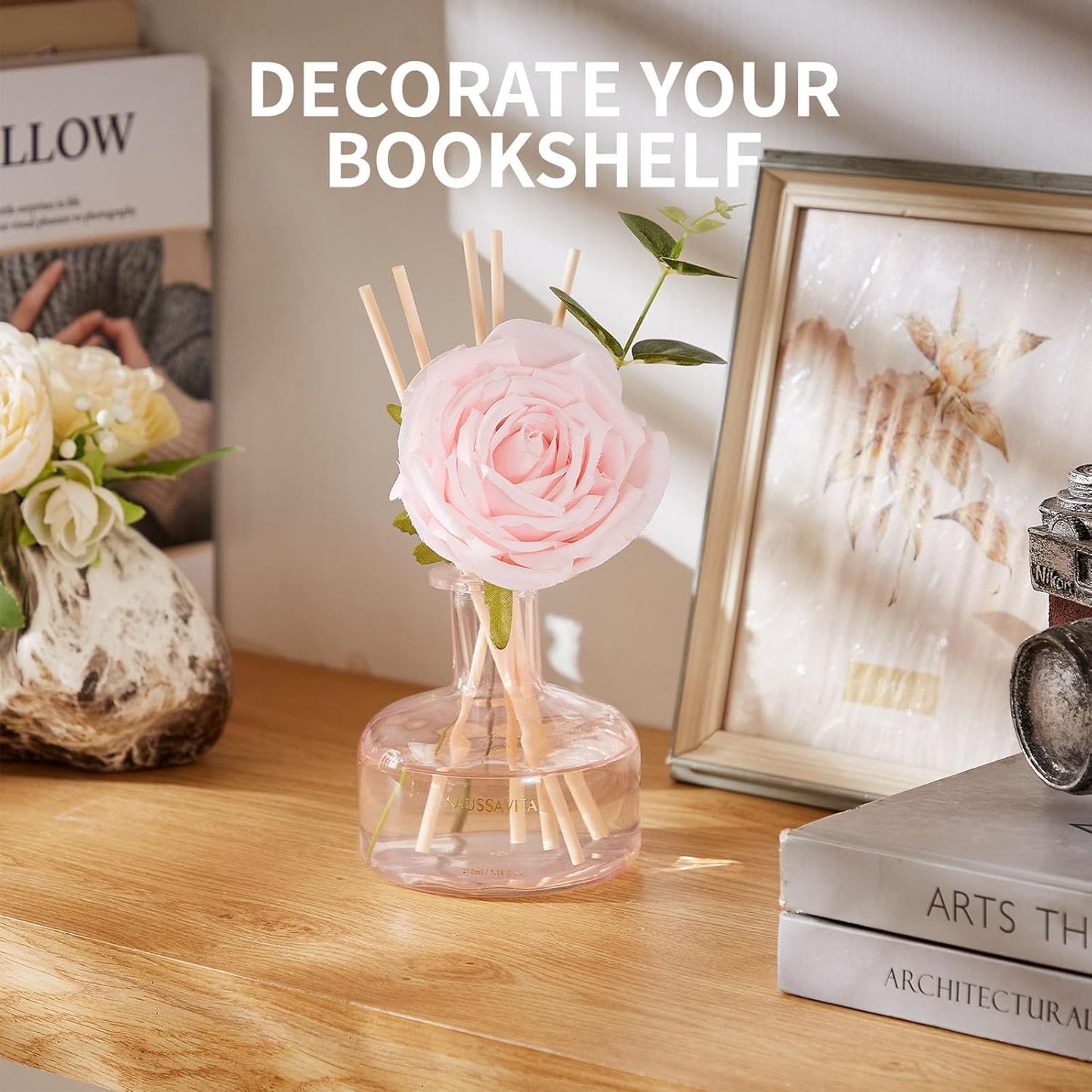 Reed Diffusers Set Rose Scent, Reed Diffuser for 120 Days, Diffusers for Home Pink Bottle,Bathroom Diffuser with 7 Sticks, Home Decor, Shelf Decor