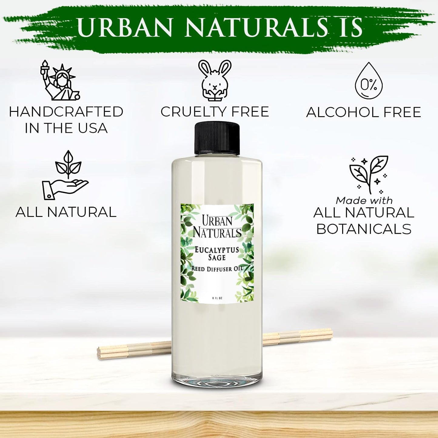 Urban Naturals Reed Diffuser Oil Refill Eucalyptus Sage with Mint, Lime, Cedarwood 8 oz + Free Reed Sticks, Made in the USA