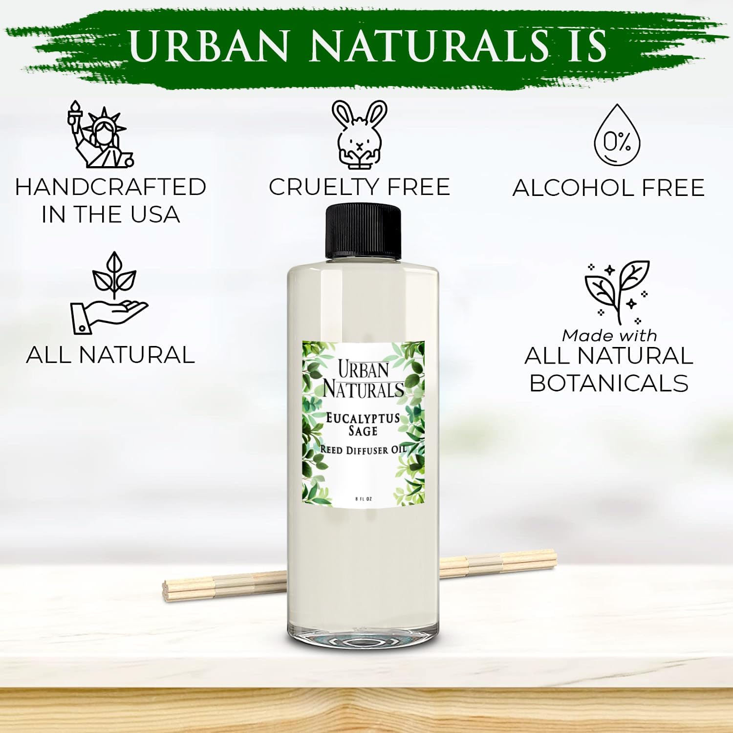 Urban Naturals Reed Diffuser Oil Refill Eucalyptus Sage with Mint, Lime, Cedarwood 8 oz + Free Reed Sticks, Made in the USA