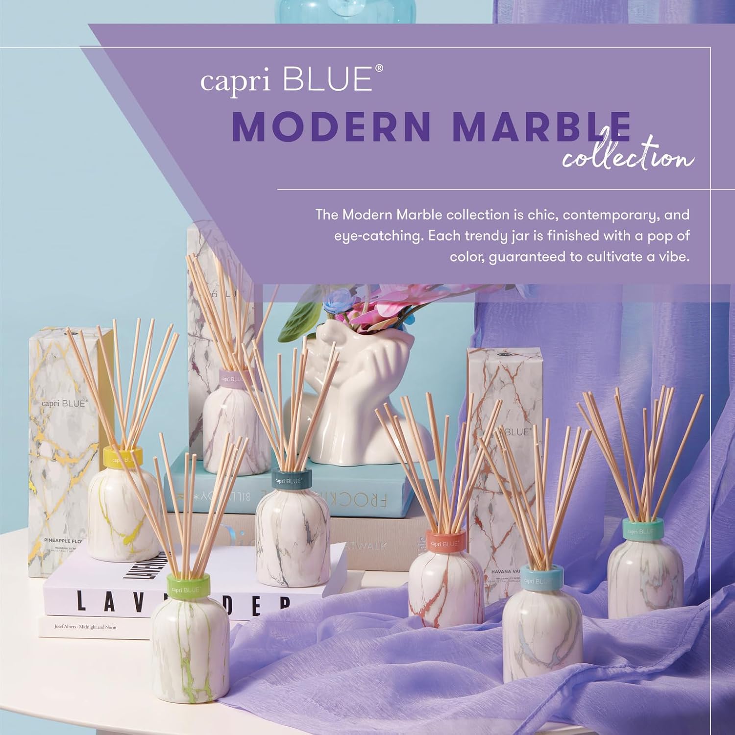 Capri Blue Reed Diffuser Set - Modern Marble Oil Diffuser, Sticks & Aroma Oil - Air Freshener for Home Decor - Blue Jean Scents (5.7 fl oz)