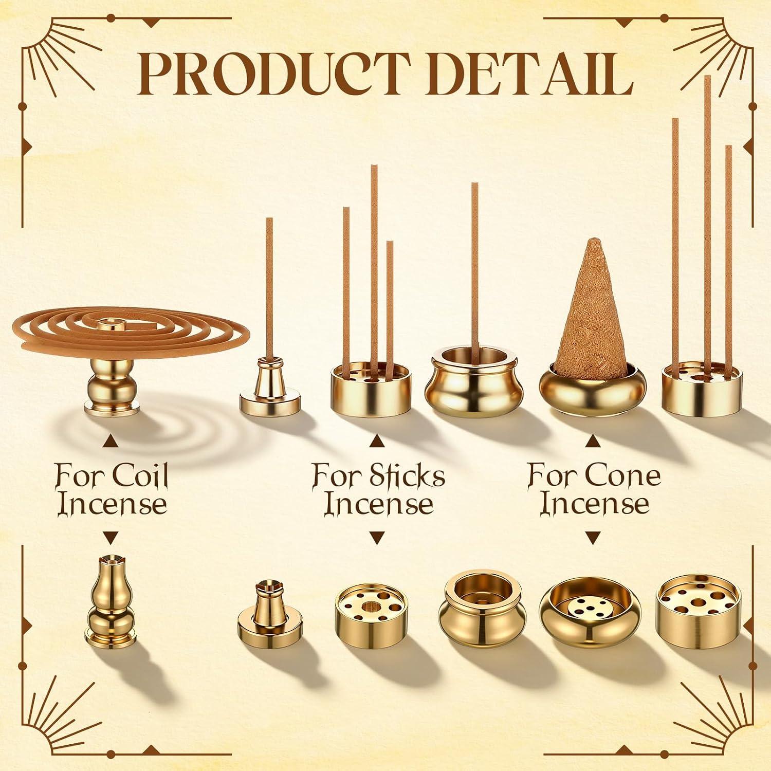 Cinnvoice 6 Pcs Brass Incense Holder Copper Incense Stick Holder 9-Hole Multi-Hole Mini Cone Gourd Burner Accessories for Stick, Tower, Coil, Meditation Room, Home Decor, 6 Styles
